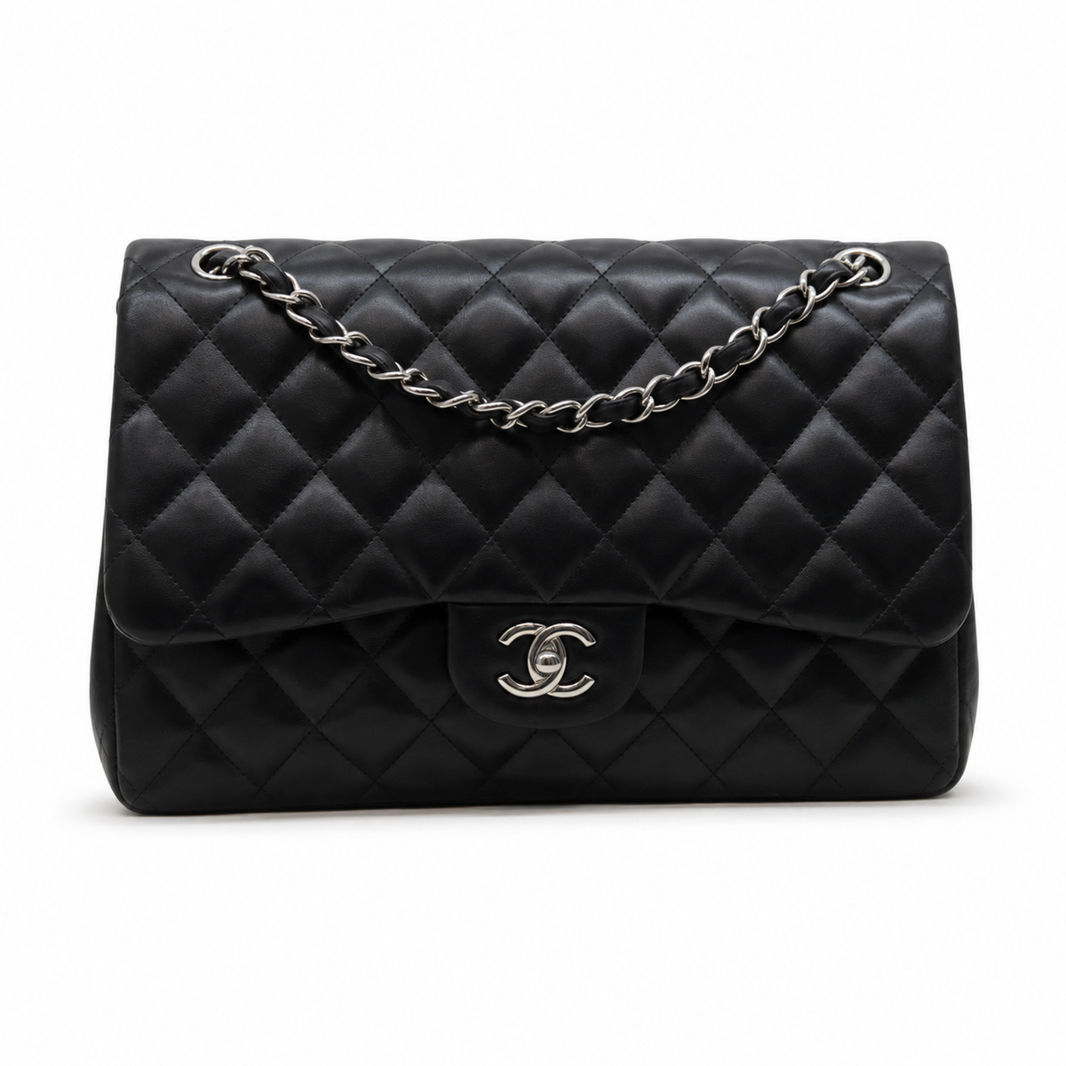 Chanel Classic Jumbo 30 cm en piel de cordero negra – herrajes plateados — 1