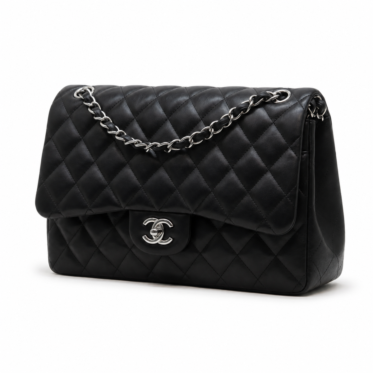 Chanel Classic Jumbo 30 cm en piel de cordero negra – herrajes plateados — 3