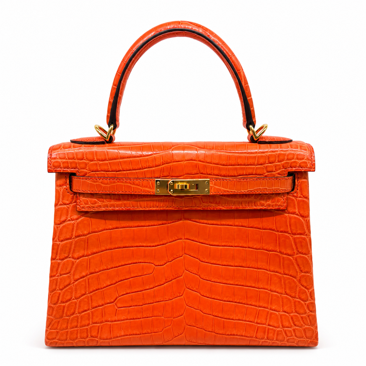 Hermès Kelly 25 Retourne Coccodrillo Niloticus Orange — Oro, Full Set — 1